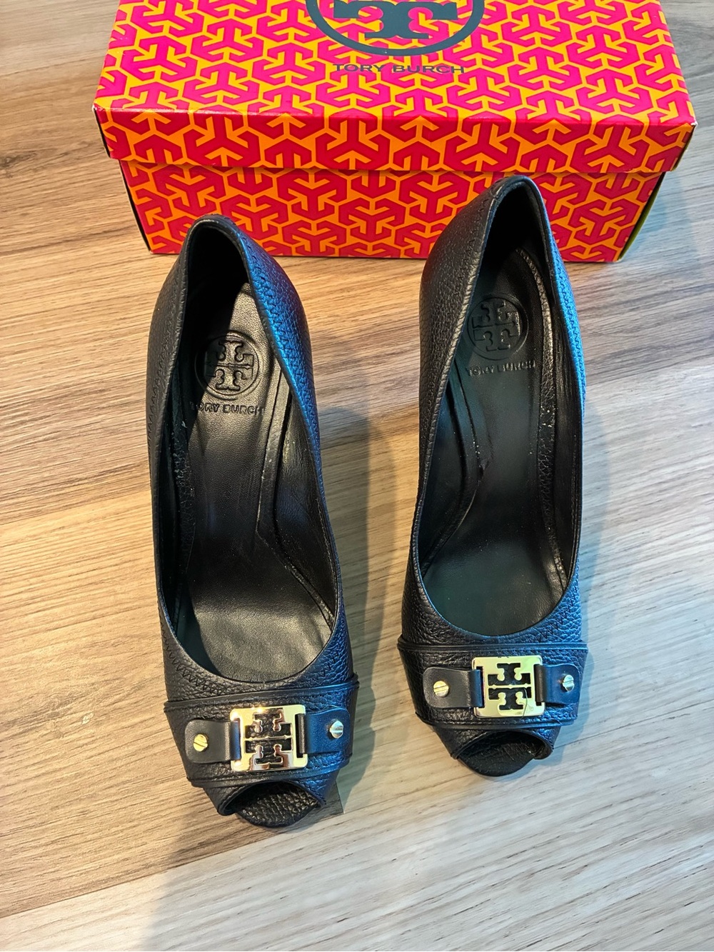 Tory Burch Black Wedges with Gold Logo